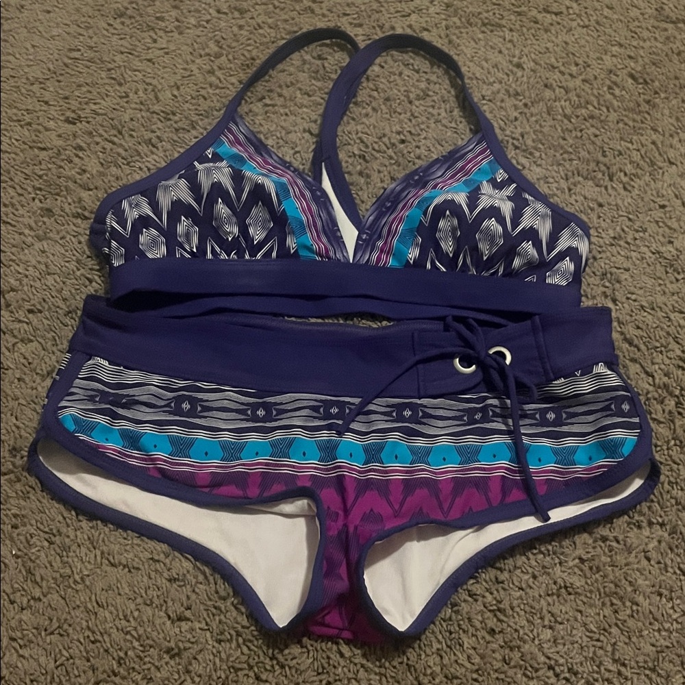 Athleta Blue and Purple Geometric Bikini
